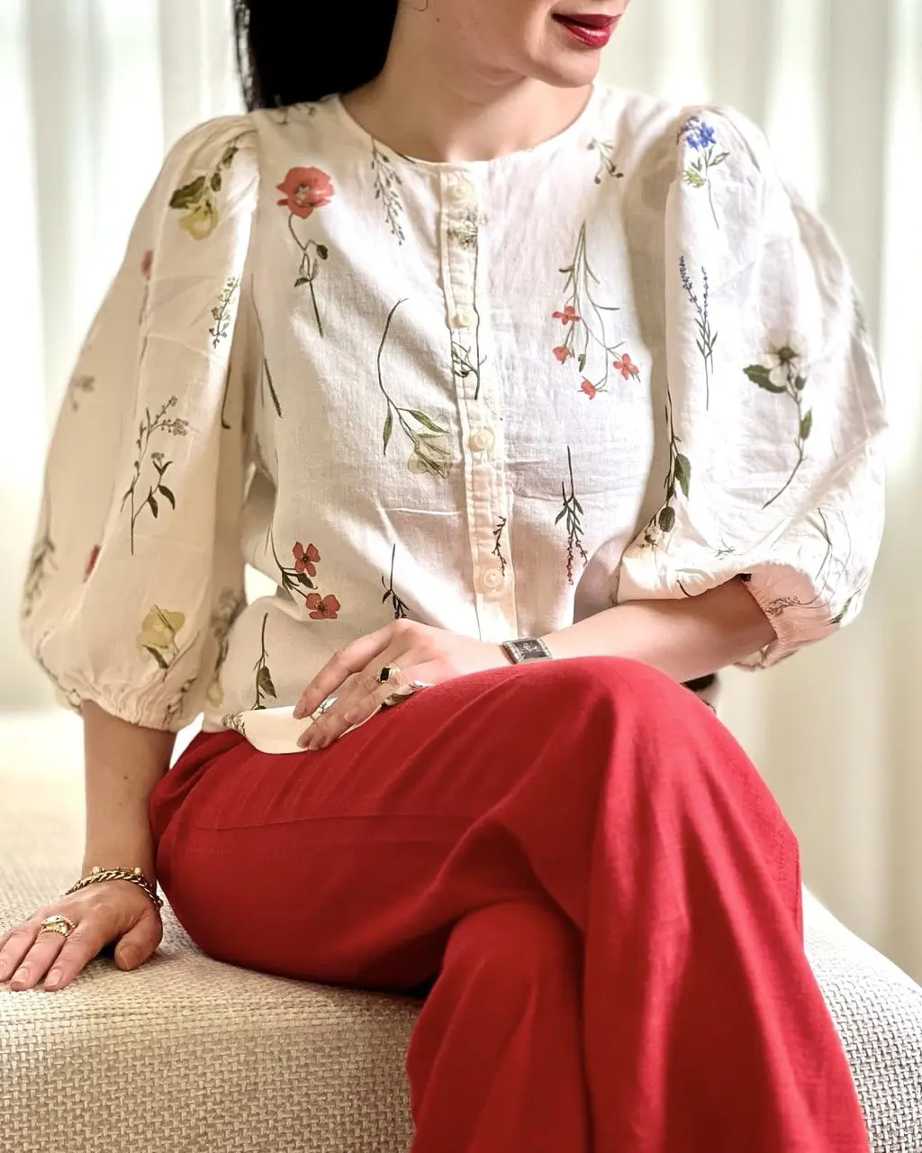 شومیز لینن گلدار آستین پفی زنانه H&M