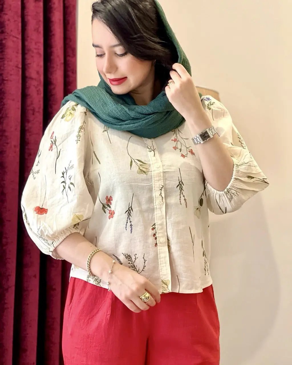 شومیز لینن گلدار آستین پفی زنانه H&M