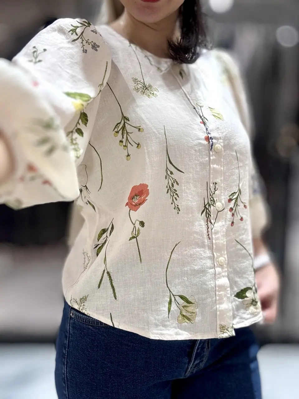 شومیز لینن گلدار آستین پفی زنانه H&M