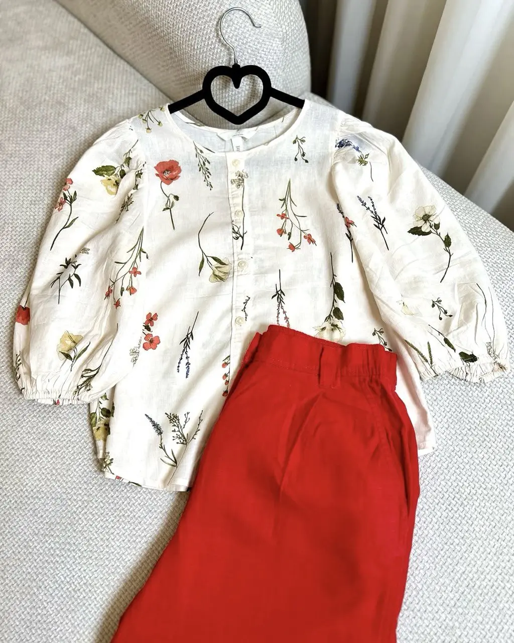 شومیز لینن گلدار آستین پفی زنانه H&M
