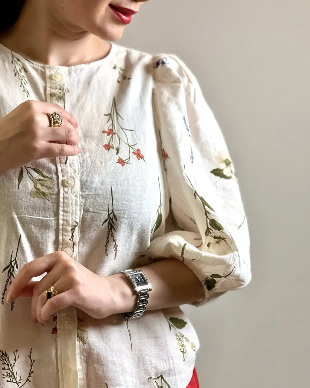 شومیز لینن گلدار آستین پفی زنانه H&M