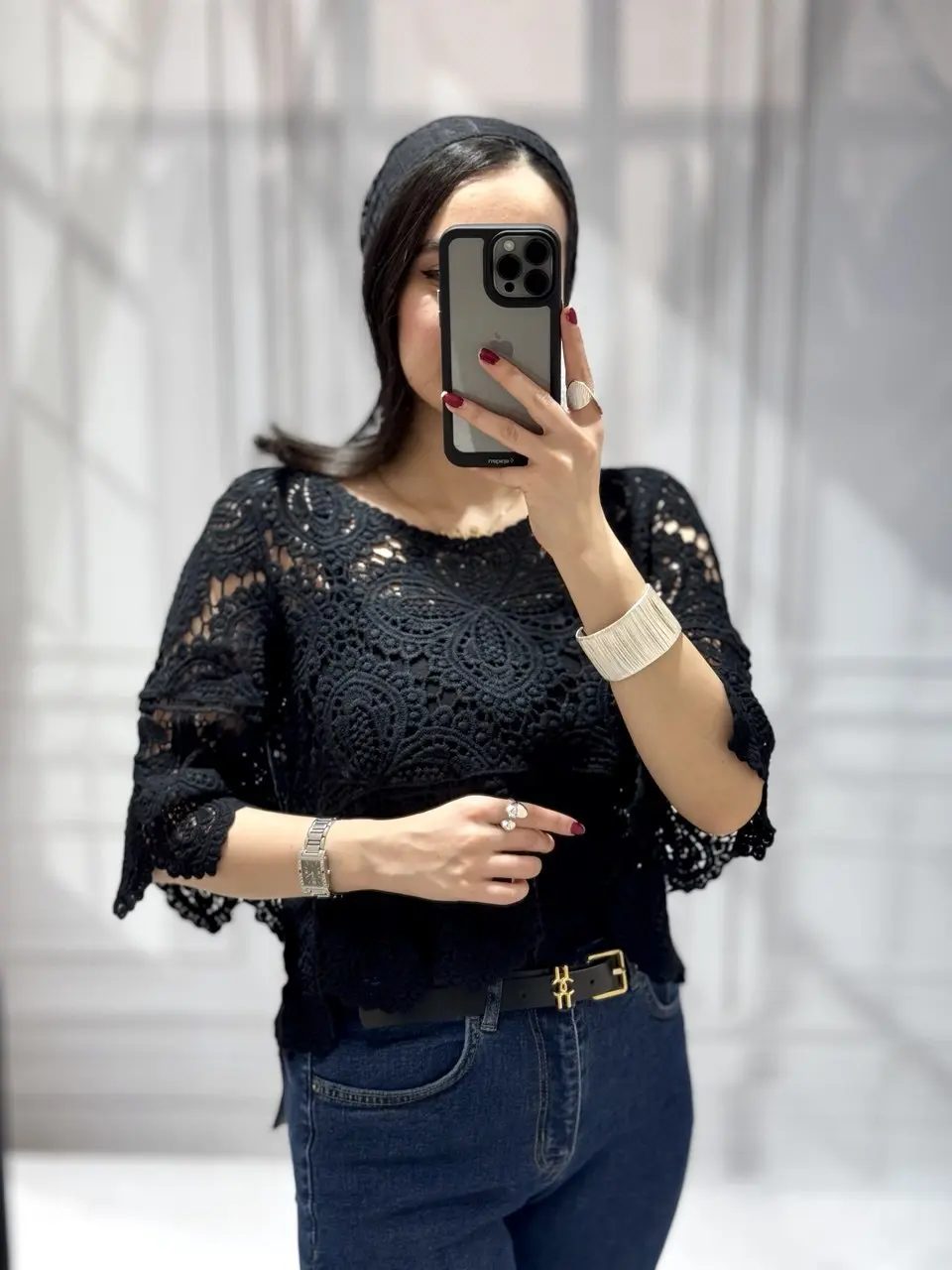 شومیز زنانه مکرومه وارداتی آستین کلوش