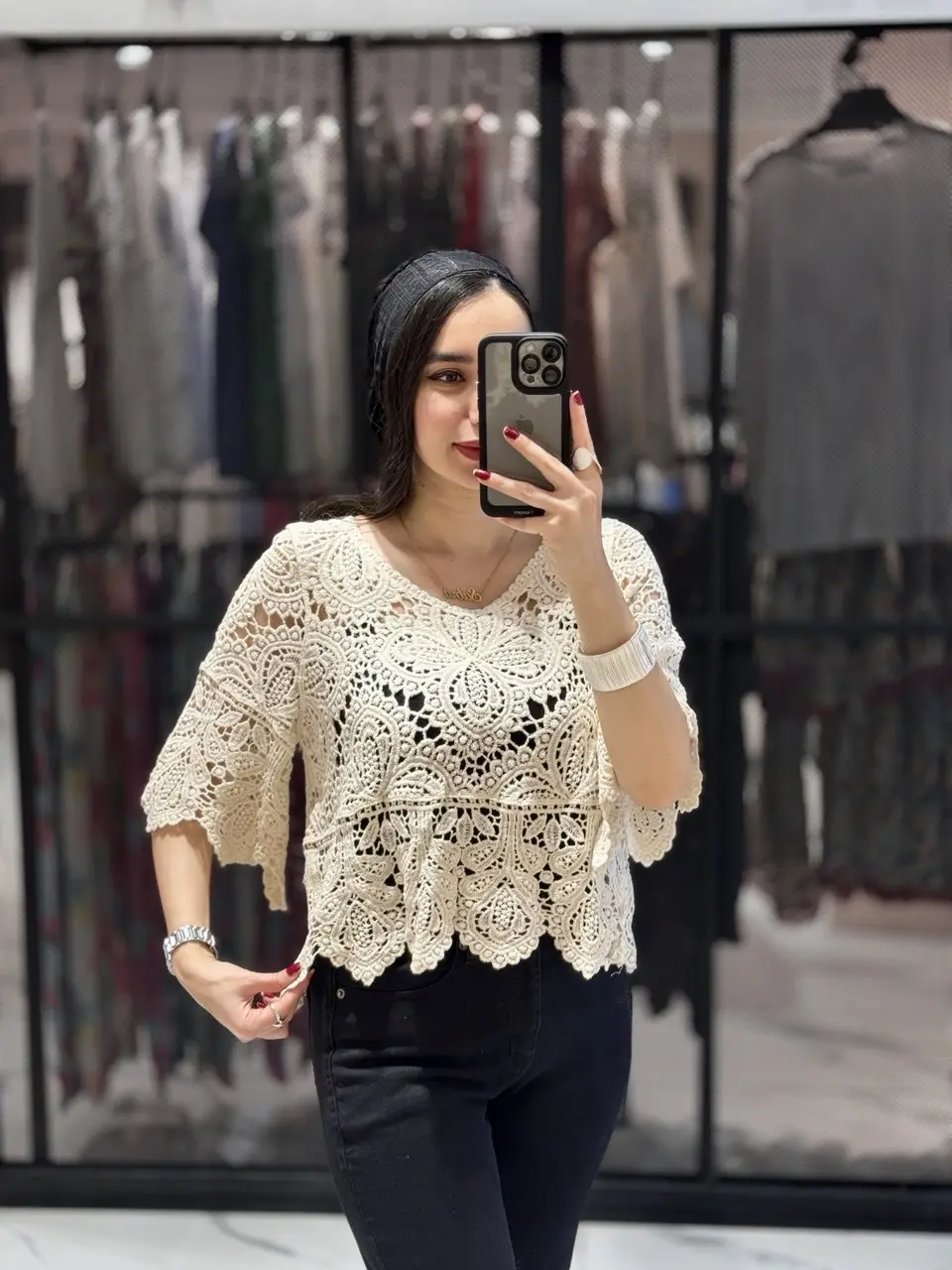 شومیز زنانه مکرومه وارداتی آستین کلوش