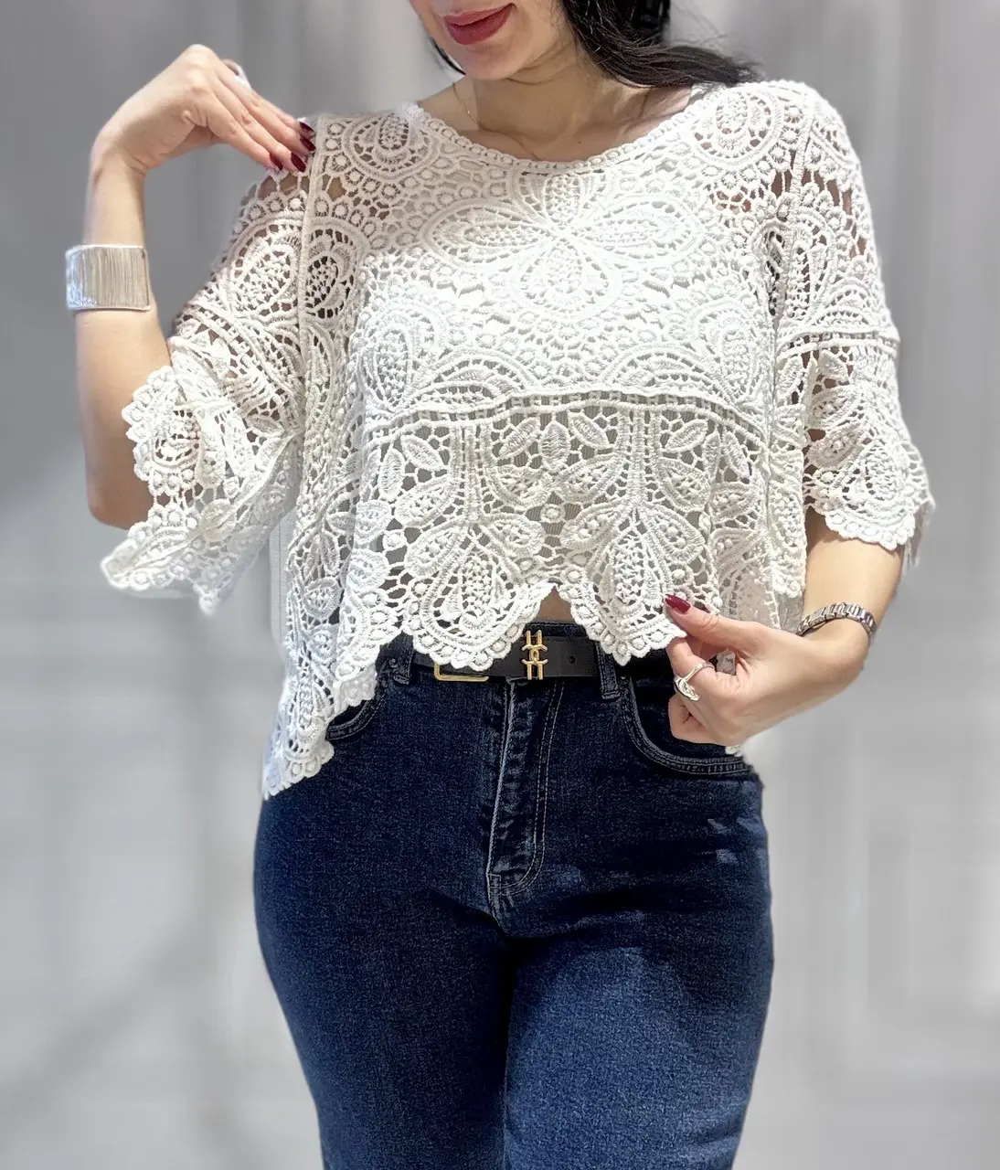 شومیز زنانه مکرومه وارداتی آستین کلوش