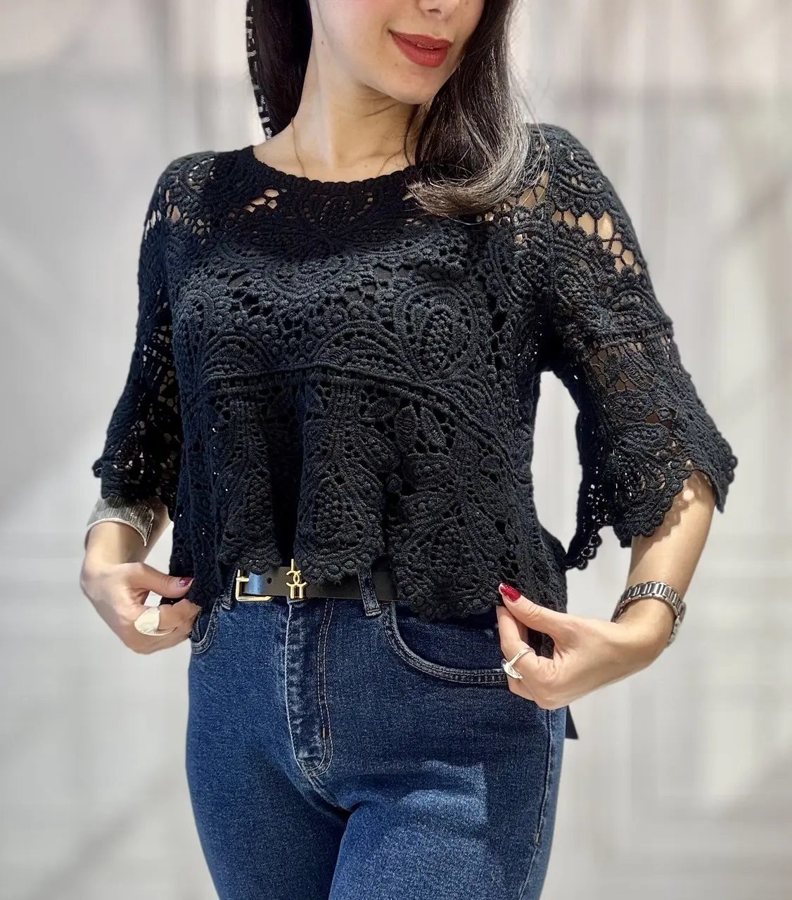 شومیز زنانه مکرومه وارداتی آستین کلوش