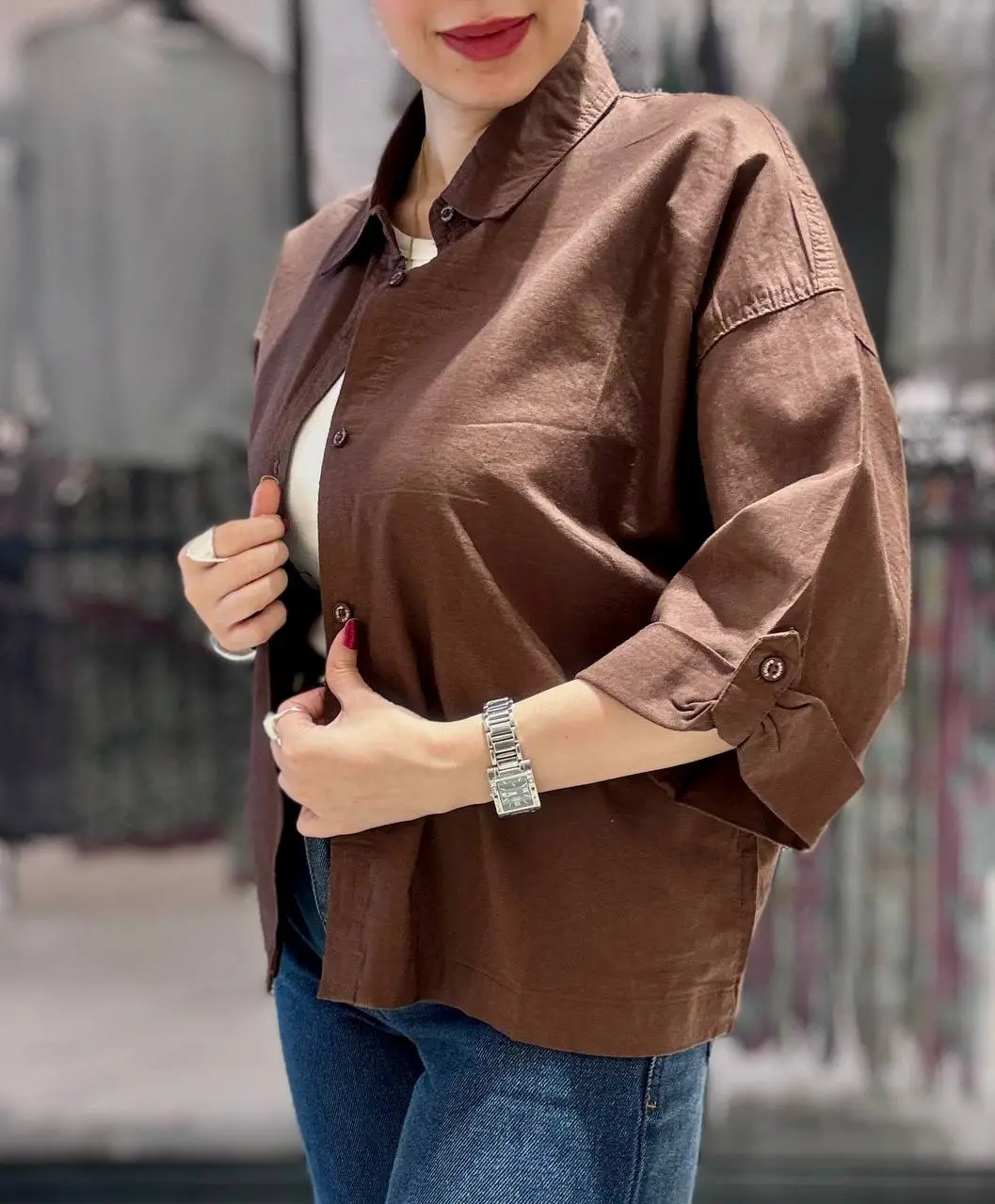 شومیز لینن کراپ پشت دکمه زنانه Colins